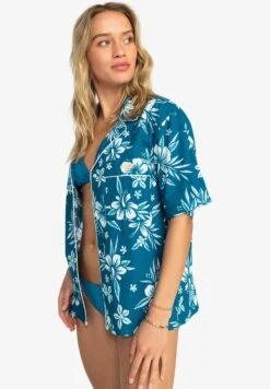 Roxy Life Button Up Mai Tai-Kurzärmliges Für - Button-Down Blouse - Blue -Roxy 07a3264d39534e81afe79e5643de89fa